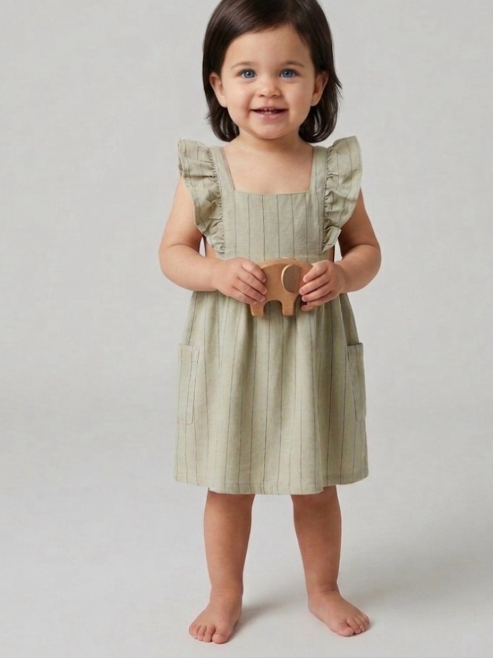 ZARA - New Baby Girl striped Linen blend sleeveless dress sage green 12-18 month